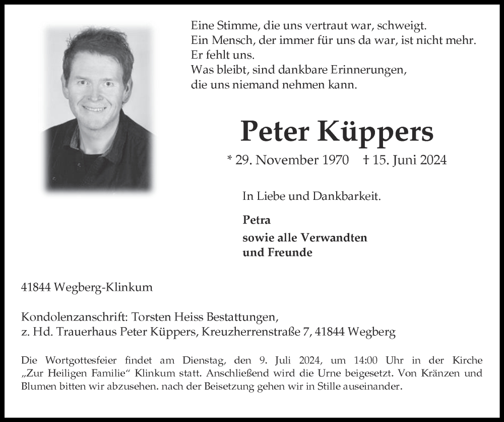  Traueranzeige für Peter Küppers vom 30.06.2024 aus Zeitung am Sonntag