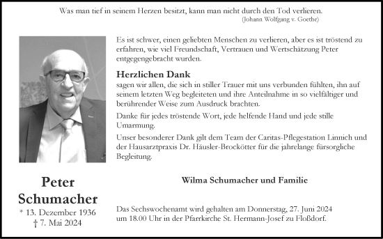 Traueranzeige von Peter Schumacher von Zeitung am Sonntag