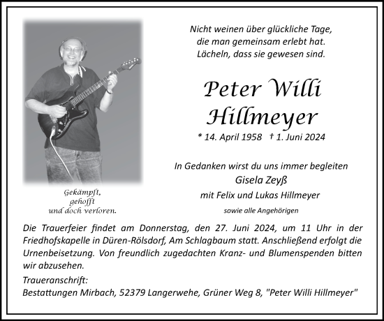 Traueranzeige von Peter Willi Hillmeyer von Zeitung am Sonntag