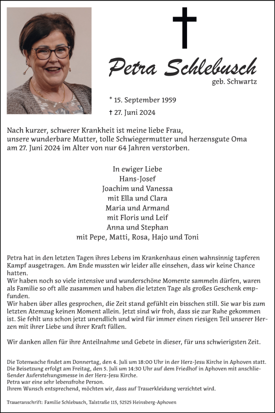 Traueranzeige von Petra Schlebusch von Zeitung am Sonntag
