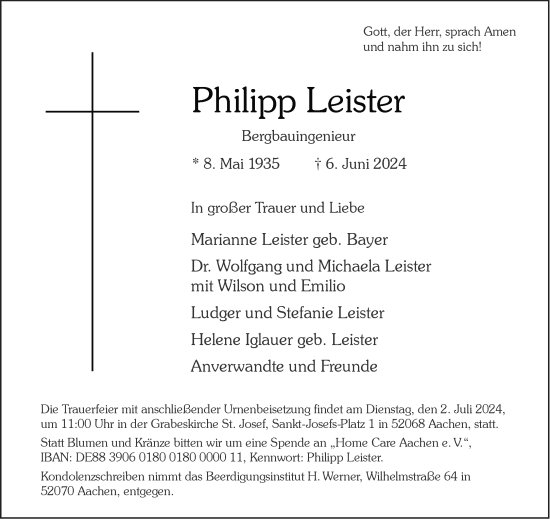 Traueranzeige von Philipp Leister von Aachener Zeitung
