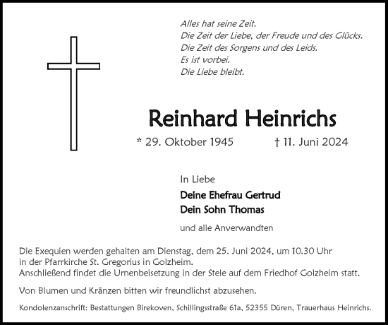 Traueranzeige von Reinhard Heinrichs von Zeitung am Sonntag