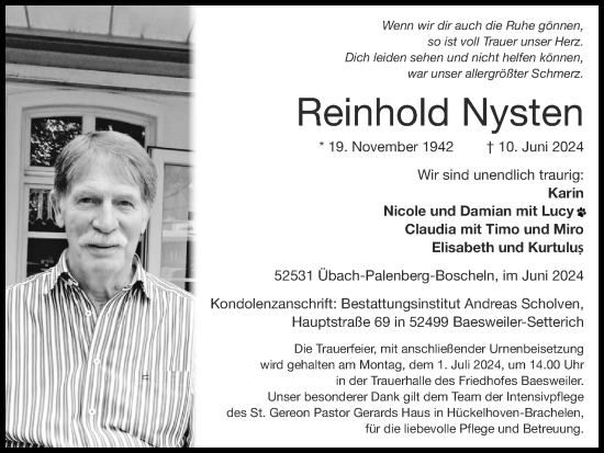 Traueranzeige von Reinhold Nysten von Zeitung am Sonntag