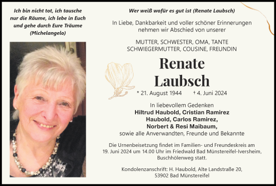 Traueranzeige von Renate Laubsch von Zeitung am Sonntag