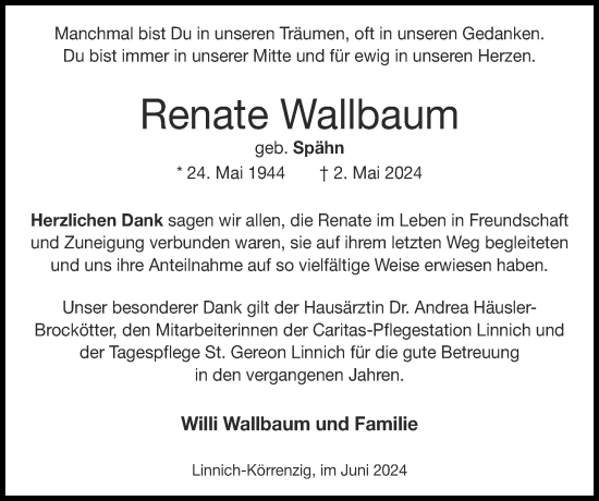 Traueranzeige von Renate Wallbaum von Zeitung am Sonntag