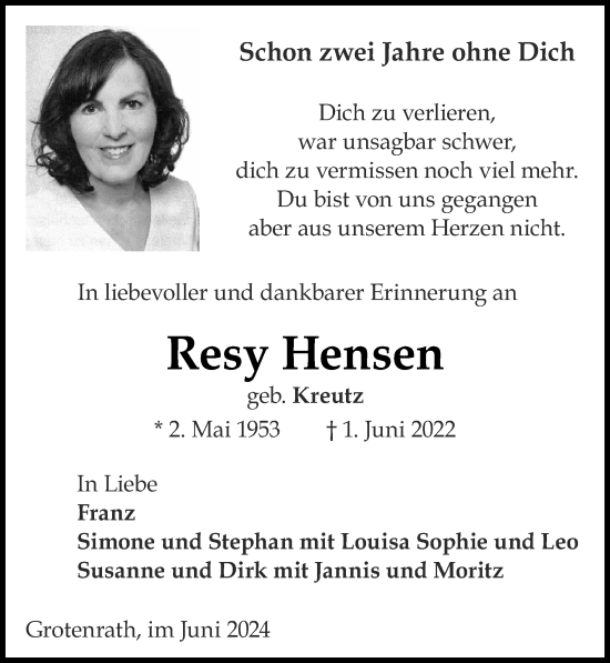 Traueranzeige von Resy Hensen von Zeitung am Sonntag