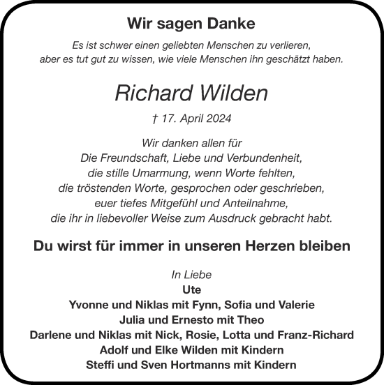 Traueranzeige von Richard Wilden von Zeitung am Sonntag