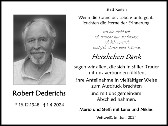 Traueranzeige von Robert Dederichs von Zeitung am Sonntag