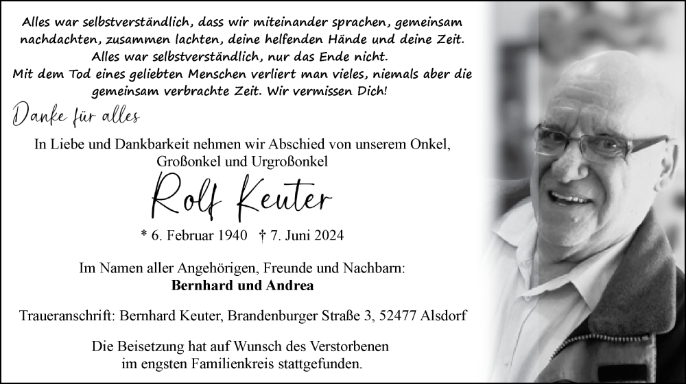  Traueranzeige für Rolf Keuter vom 23.06.2024 aus Zeitung am Sonntag