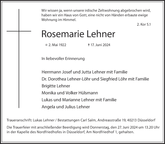 Traueranzeige von Rosemarie Lehner von Aachener Zeitung