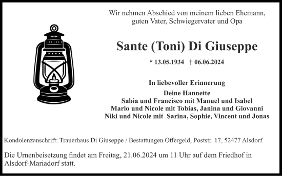 Traueranzeige von Sante Di Giuseppe von Zeitung am Sonntag