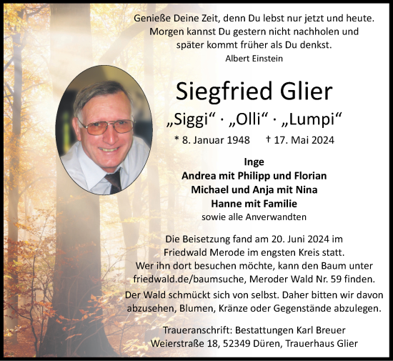Traueranzeige von Siegfried Glier von Zeitung am Sonntag