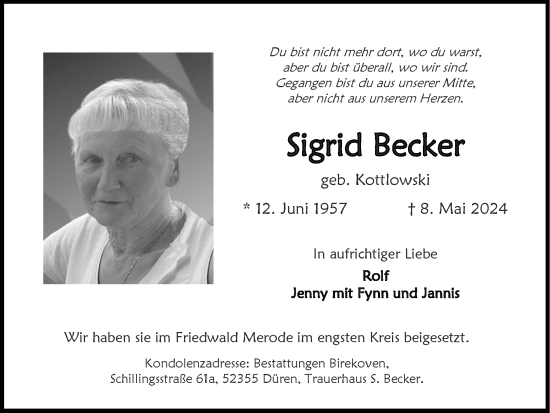 Traueranzeige von Sigrid Becker von Zeitung am Sonntag