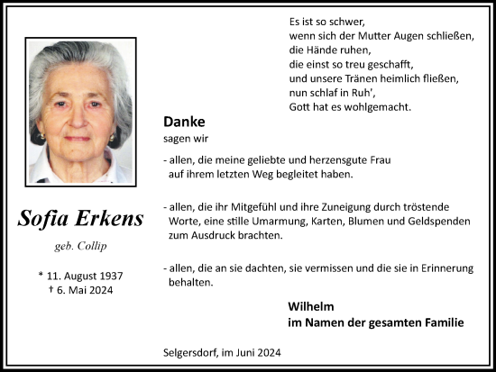 Traueranzeige von Sofia Erkens von Zeitung am Sonntag