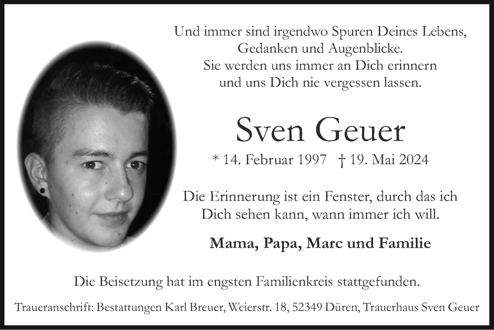  Traueranzeige für Sven Geuer vom 09.06.2024 aus Zeitung am Sonntag