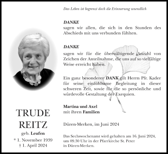 Traueranzeige von Trude Reitz von Zeitung am Sonntag