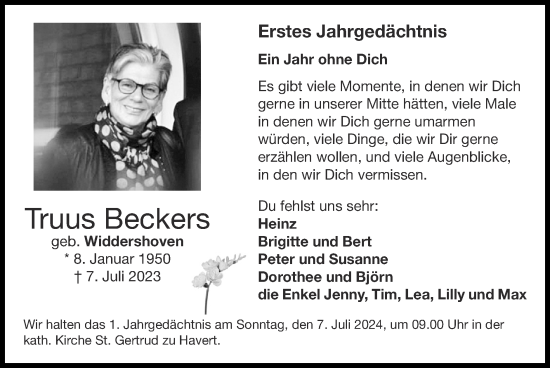 Traueranzeige von Truus Beckers von Zeitung am Sonntag
