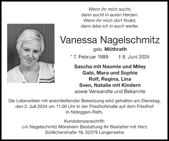 Traueranzeige von Vanessa Nagelschmitz von Zeitung am Sonntag