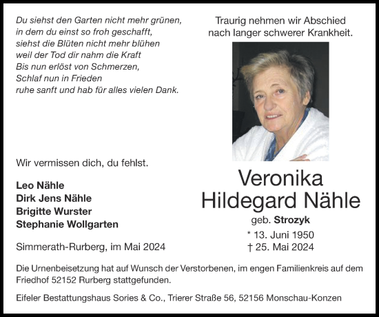 Traueranzeige von Veronika Hildegard Nähle von Zeitung am Sonntag