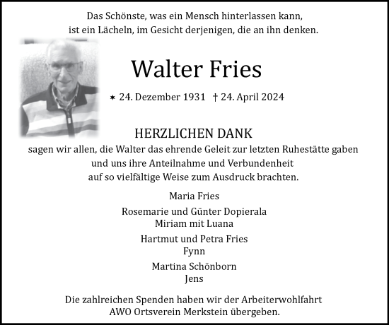 Traueranzeige von Walter Fries von Zeitung am Sonntag