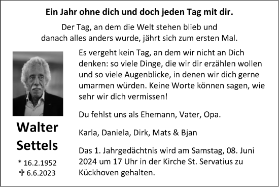 Traueranzeige von Walter Settels von Zeitung am Sonntag