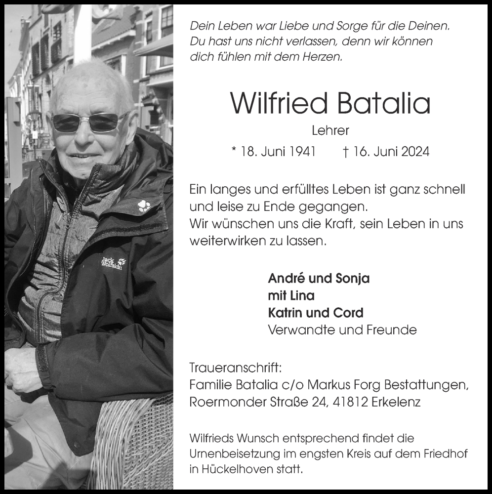  Traueranzeige für Wilfried Batalia vom 23.06.2024 aus Zeitung am Sonntag