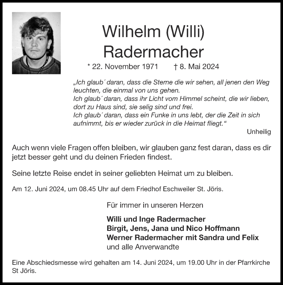  Traueranzeige für Wilhelm Radermacher vom 09.06.2024 aus Zeitung am Sonntag