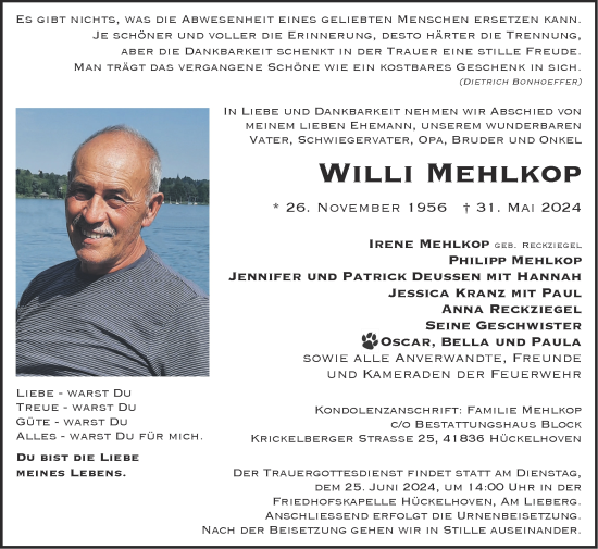 Traueranzeige von Willi Mehlkop von Zeitung am Sonntag