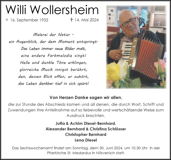 Traueranzeige von Willi Wollersheim von Zeitung am Sonntag