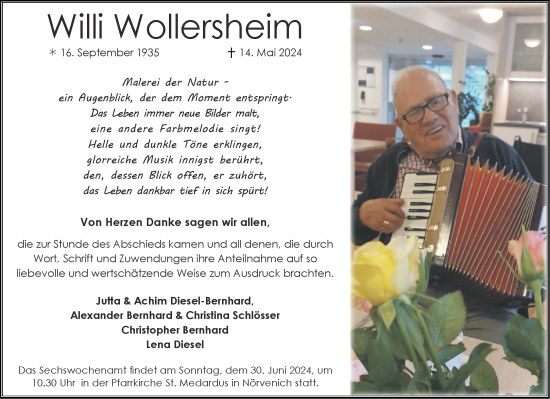 Traueranzeige von Willi Wollersheim von Aachener Zeitung