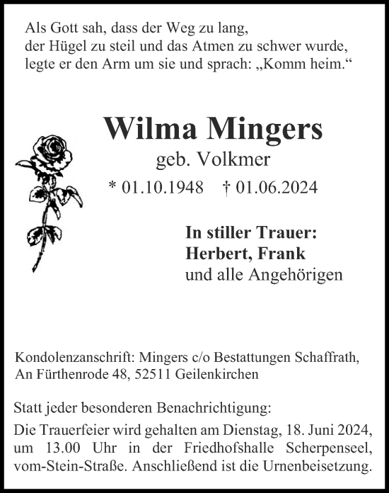 Traueranzeige von Wilma Mingers von Zeitung am Sonntag