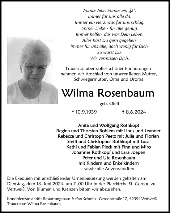 Traueranzeige von Wilma Rosenbaum von Zeitung am Sonntag