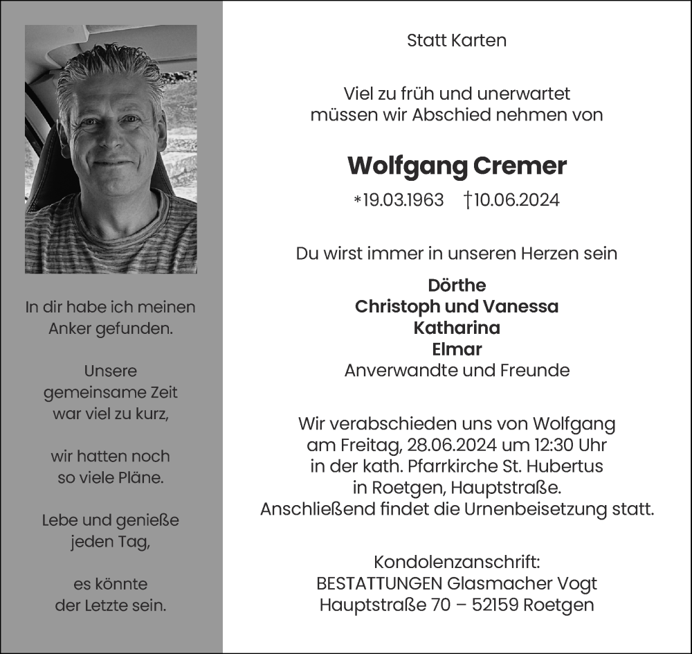  Traueranzeige für Wolfgang Cremer vom 22.06.2024 aus Aachener Zeitung