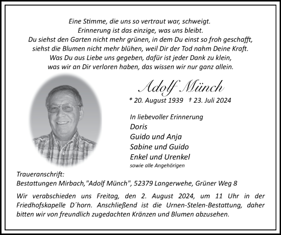 Traueranzeige von Adolf Münch von Zeitung am Sonntag