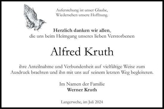 Traueranzeige von Alfred Kruth von Zeitung am Sonntag