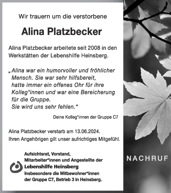 Traueranzeige von Alina Platzbecker von Zeitung am Sonntag