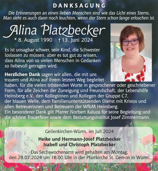 Traueranzeige von Alina Platzbecker von Zeitung am Sonntag