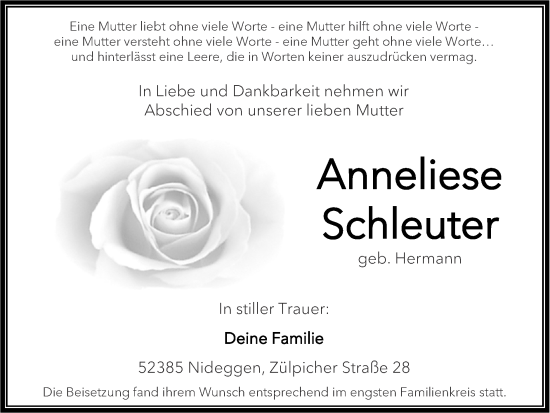 Traueranzeige von Anneliese Schleuter von Zeitung am Sonntag