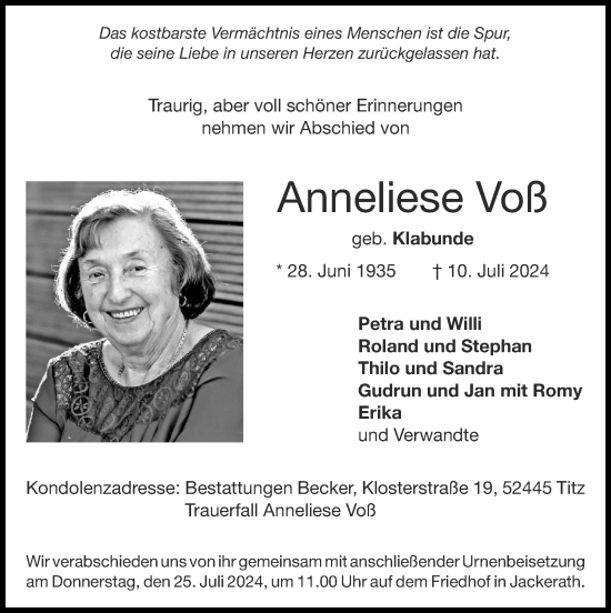 Traueranzeige von Anneliese Voß von Zeitung am Sonntag