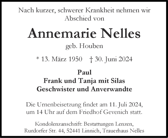 Traueranzeige von Annemarie Nelles von Zeitung am Sonntag