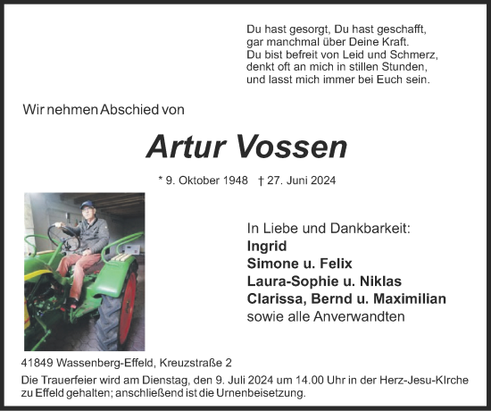 Traueranzeige von Artur Vossen von Zeitung am Sonntag