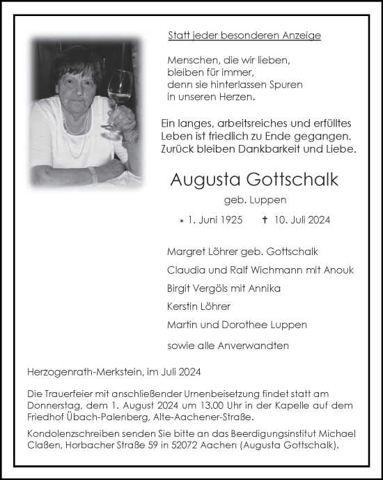 Traueranzeige von Augusta Gottschalk von Zeitung am Sonntag