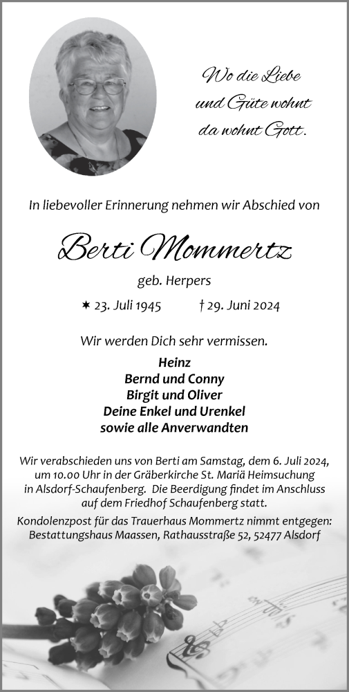  Traueranzeige für Berti Mommertz vom 03.07.2024 aus Aachener Zeitung