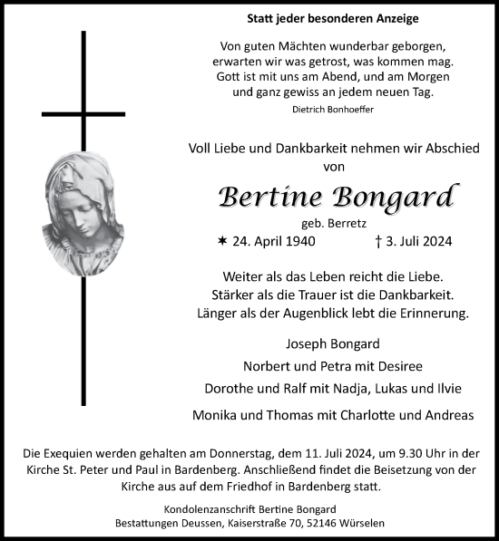 Traueranzeige von Bertine Bongard von Zeitung am Sonntag