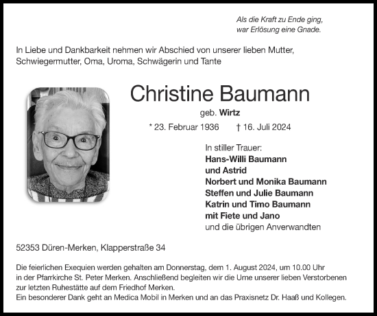 Traueranzeige von Christine Baumann von Zeitung am Sonntag