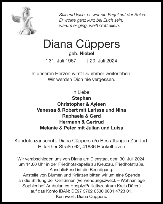 Traueranzeige von Diana Cüppers von Zeitung am Sonntag