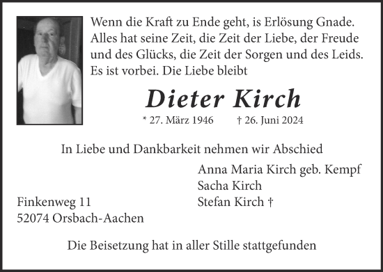 Traueranzeige von Dieter Kirch von Zeitung am Sonntag