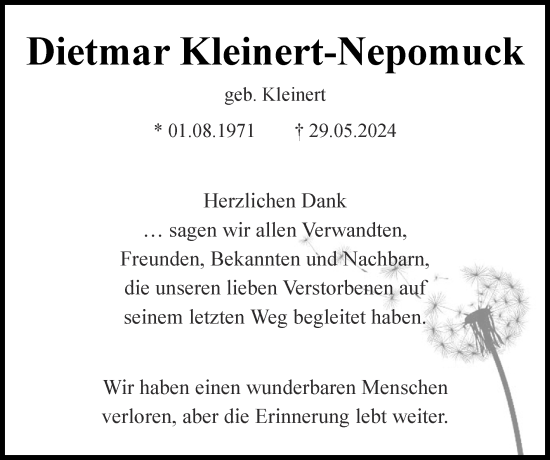 Traueranzeige von Dietmar Kleinert-Nepomuck von Zeitung am Sonntag