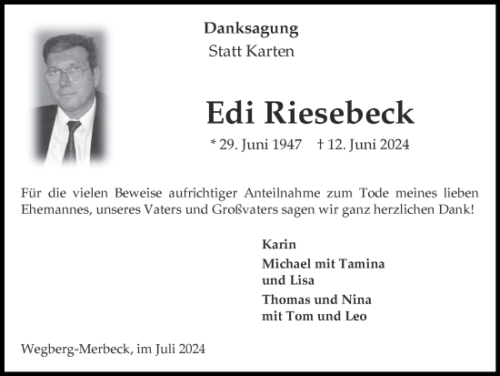 Traueranzeige von Edi Riesebeck von Zeitung am Sonntag