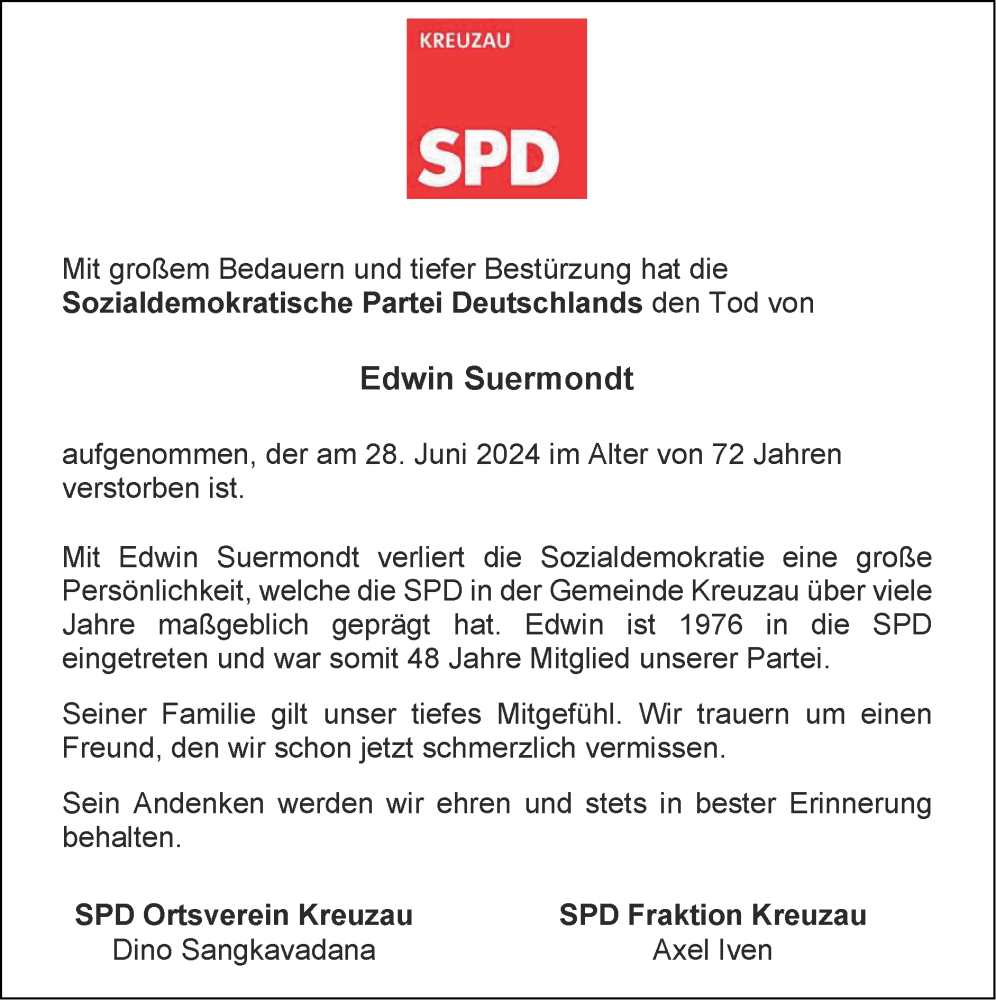  Traueranzeige für Edwin Suermondt vom 21.07.2024 aus Zeitung am Sonntag
